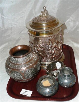 Lot 25 - A plated biscuit barrel and four pieces of Indian metalware