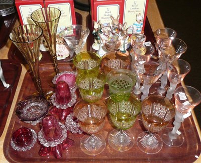 Lot 46 - Tray of coloured glass including wine glasses, salts, posy vases etc