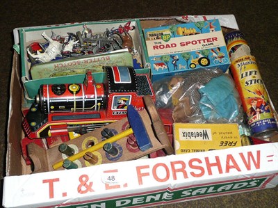 Lot 48 - Mixed toys, including tinplate cars, lead figures, BP Road Spotter game, wooden toys, masks etc