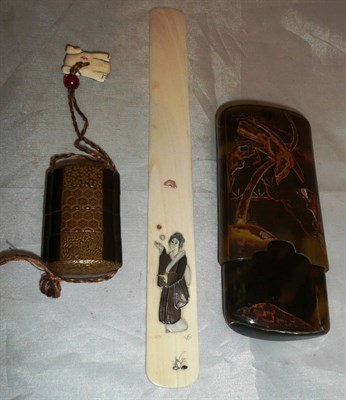 Lot 66 - A lacquer inro, a cigar case, and a shibayama letter opener (3)