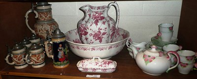 Lot 72 - A Foley part tea service, a pink floral soap box, toilet ewer and basin, a German stoneware...