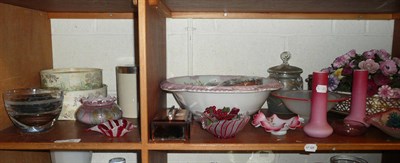 Lot 80 - Two shelves of ceramics and glass including a flower encrusted table centrepiece, a pair of...