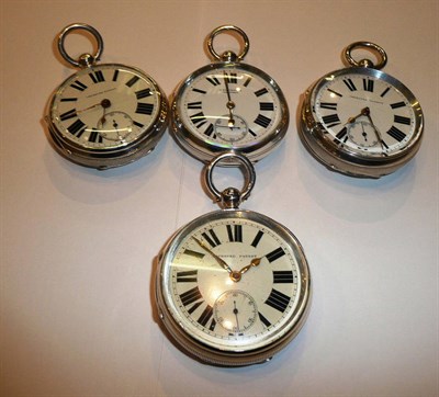 Lot 92 - Four silver open faced pocket watches, two cases with Chester hallmarks and two cases with...