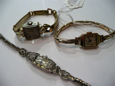 Lot 95 - A lady's 9 carat gold wristwatch on expanding bracelet, a paste set wristwatch and another...