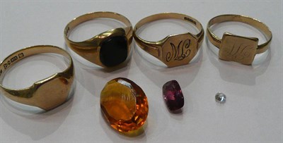 Lot 103 - Four gold rings, loose diamond, amethyst and a citrine