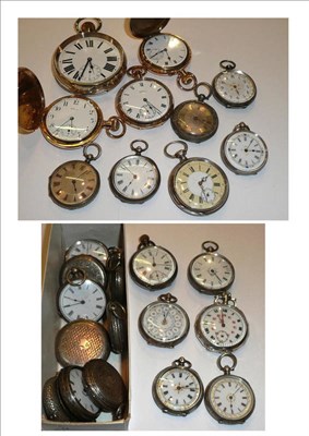 Lot 111 - Three gold plated pocket watches, nickel plated jumbo watch, and twenty one lady's fob watches