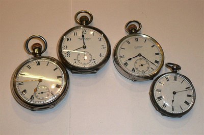 Lot 112 - Three silver keyless pocket watches and a fob watch (4)