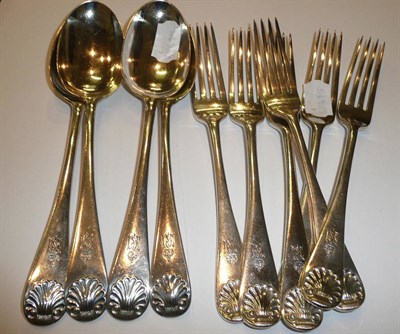 Lot 120 - A set of six Edwardian silver table forks and four tablespoons, London 1902/1903