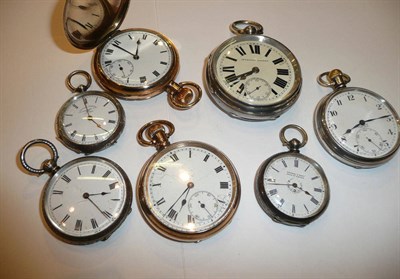 Lot 121 - Two silver pocket watches, two gold plated pocket watches and three fob watches