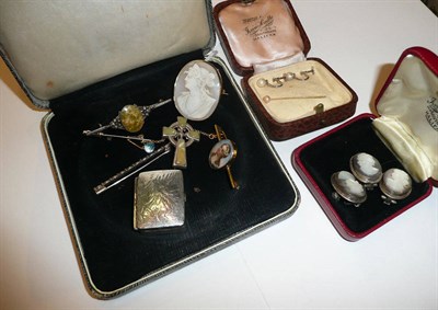 Lot 122 - A pair of pearl earrings, a pearl pin, a cameo, an Iona marble brooch, a porcelain brooch and three