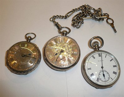 Lot 133 - Three silver pocket watches and silver watch chain