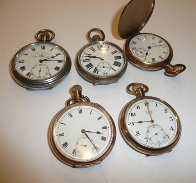 Lot 142 - Three gold plated pocket watches, a railway timekeeper pocket watch and a nickel plated pocket...