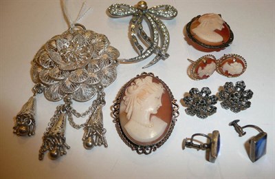 Lot 148 - A pair of 9ct gold cameo earrings, cameo brooches, a pair of butterfly wing earrings, marcasite...