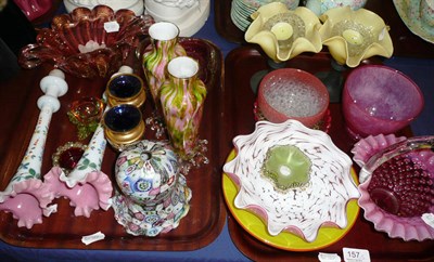 Lot 157 - Two trays of coloured glass including a millefiori shade, trumpet vases etc