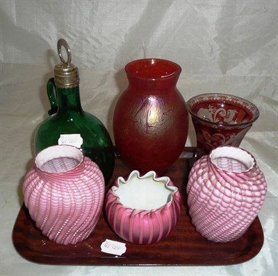 Lot 163 - A pair of pink striated glass vases, a green glass claret decanter and stopper; a Bohemian ruby...