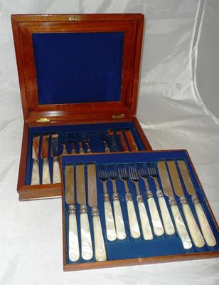 Lot 176 - Set silver fruit knives and forks (one missing) boxed, with mother of pearl handles