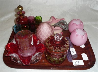 Lot 177 - A tray of coloured glass including a Queen's Burmese type frilled posy vase, a pink satin glass...