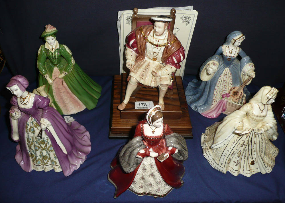 Lot 178 - Six Wedgwood china figures; Jane Seymore, Anne of Cleves, Catherine Parr, Katherine of Aragon,...