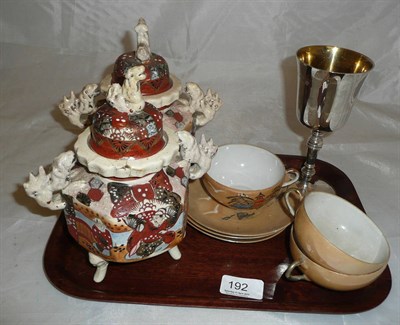 Lot 192 - A silver goblet, a pair satsuma koros and covers, three egg shell cups and saucers