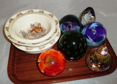 Lot 197 - Six glass paperweights and three Bunnykins bowls