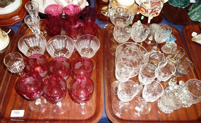 Lot 199 - Two trays of drinking glasses including a Georgian cordial glass with folded foot, ruby flashed...