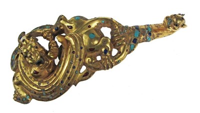 Lot 119 - A Chinese Gilt Bronze Belt Hook, Han Dynasty, in the form of a coiled archaic dragon, the hook...