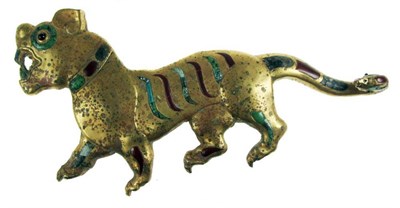 Lot 120 - A Chinese Gilt Bronze Belt Hook, Han Dynasty, in the form of a tiger inlaid with hardstones...