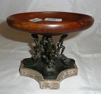 Lot 218 - Wooden dish on plinth with four bronze men/fish on oyster shells