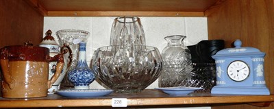 Lot 228 - An Edinburgh crystal large vase, smaller vase and fruit bowl, three pieces of Wedgwood blue jasper