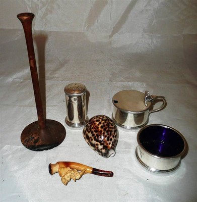 Lot 239 - A silver pepper, silver salt, silver mustard pot and boxwood stethoscope