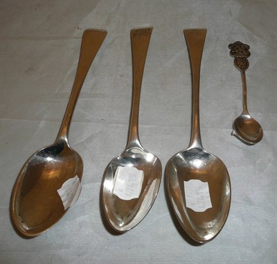 Lot 269 - Two George III silver tablespoons, London 1797 and 1809 and another, London 1929, and a silver...