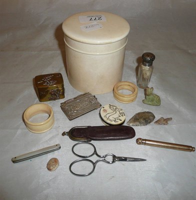 Lot 277 - A turned ivory box, flint arrows, pen knives etc..