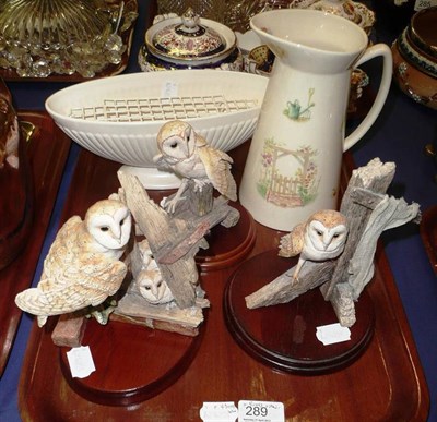 Lot 289 - Three Border Fine Art owls, Aynsley kitchen jug, Wedgwood planter, rosewood plant stand