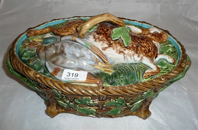 Lot 319 - A Minton Majolica Game Pie Dish and Cover, circa 1870, of basket moulded oval form, the cover...