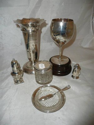 Lot 328 - A silver trophy cup, loaded trumpet vase, pepperettes etc