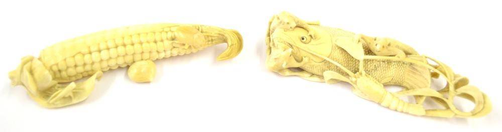 Lot 132 - A Japanese Ivory Okimono, Meiji period, carved as rats climbing over a carp next to a lobster...