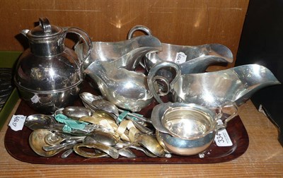 Lot 334 - Two silver sauceboats, three plate sauceboats and a quantity of plate spoons, and a water jug