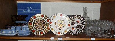 Lot 338 - Shelf of decorative ceramics and glass including three Royal Crown Derby imari plates, Royal...