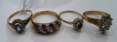 Lot 353 - Four 9ct gold diamond and gem set rings