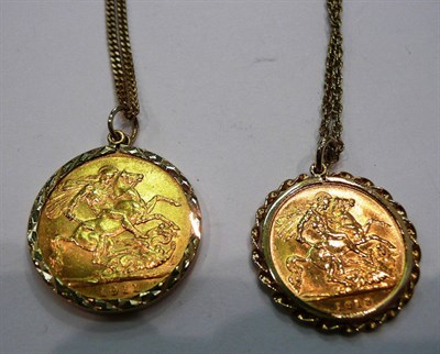 Lot 366 - Gold sovereign dated 1912 and a half sovereign dated 1918 in loose mounts as pendants with chains