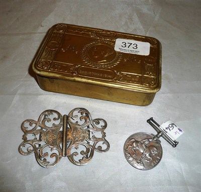 Lot 373 - A Princess Mary 1914 Christmas tin, a British war medal 1914-1918 and a silver belt clasp