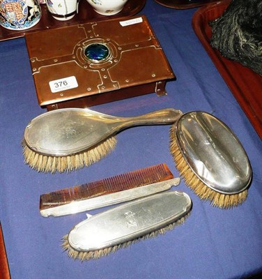 Lot 376 - Silver backed four piece brush set and copper box