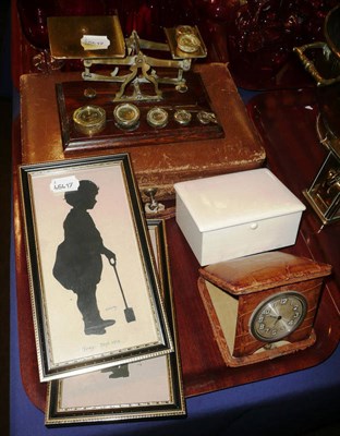 Lot 378 - A leather jewellery case, a leather cased clock, postal scales, an ivory box, a pair of silhouettes