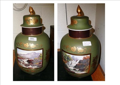 Lot 385 - Pair of Charles Barlow pottery vases and covers with views of The Cascade, Killarney, with...