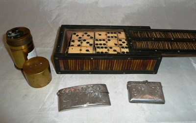 Lot 397 - A silver vesta and card case, trench art lighter and dominoes