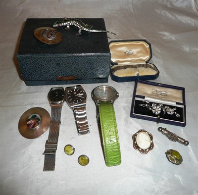 Lot 400 - Three watches, a lizard paste brooch, a silver bracelet and a small quantity of silver...