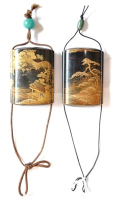 Lot 139 - A Japanese Lacquer Four-Case Inro, Meiji period, gilt with a pagoda in a mountainous landscape,...