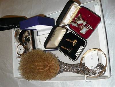 Lot 410 - A silver backed hairbrush, two lady's watches, one gent's watch, a gold plated bangle, two pairs of