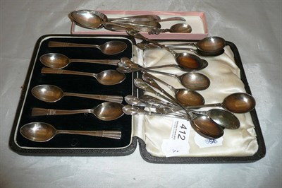 Lot 412 - A set of six silver teaspoons, six Georgian silver teaspoons, twelve plated teaspoons and...