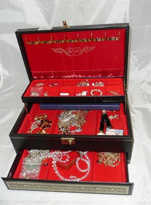 Lot 420 - A box containing assorted silver and costume jewellery, including brooches, bead necklaces and...